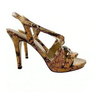 Fioni Strappy High Heel Sandals Snakeskin Tan Brown Faux Leather Size 7.5